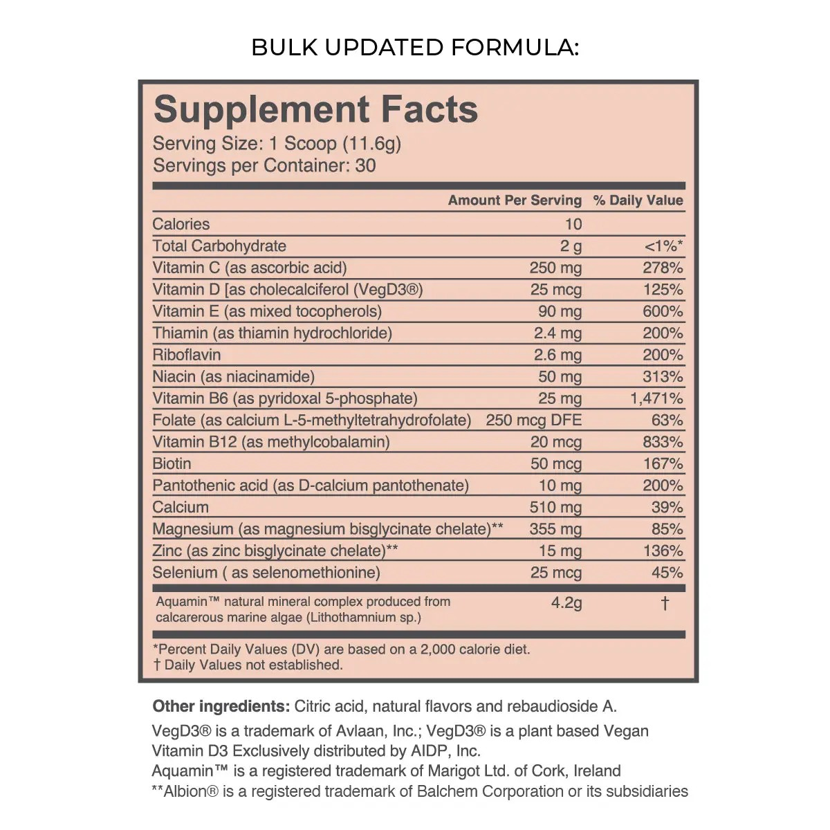 Marea supplement fact chart and ingredient list