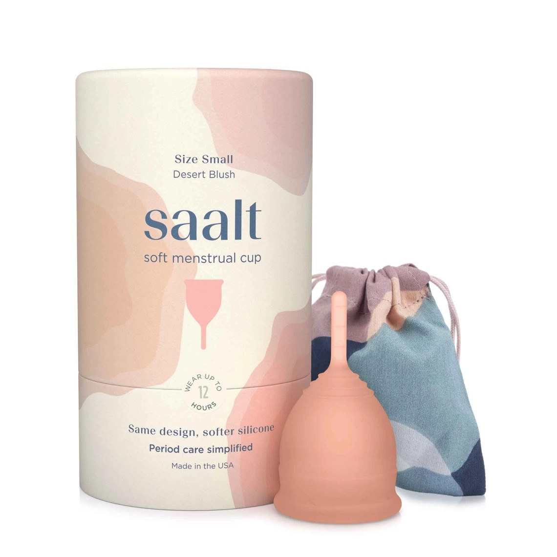 Product shot of the Saalt regular size soft menstrual cup in Desert Blush, displayed alongside its packaging.