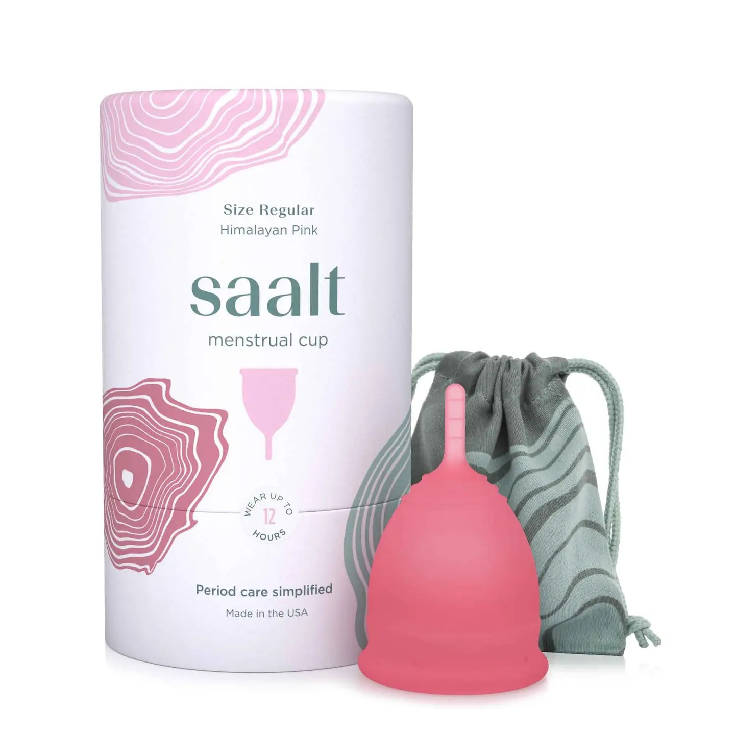 Product shot of the Saalt regular size menstrual cup in Himalayan Pink, displayed alongside its packaging.