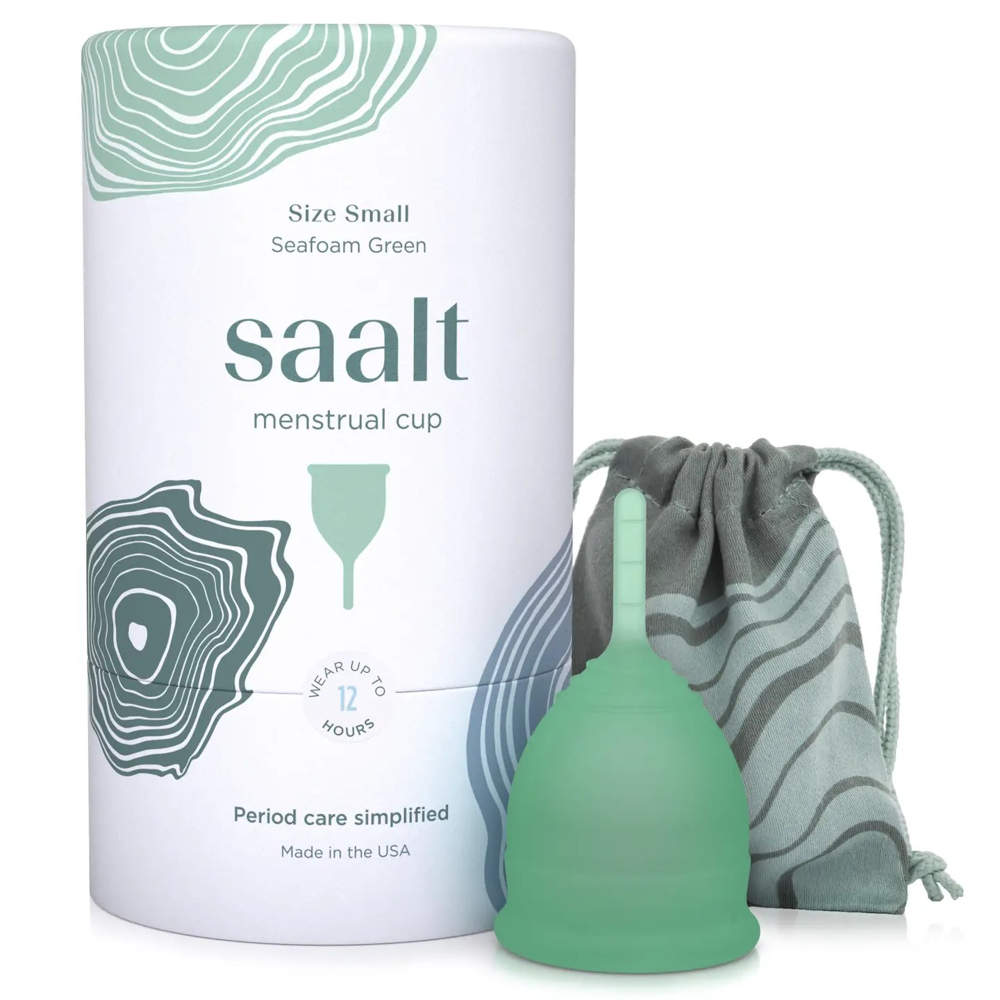 Product shot of the Saalt small size menstrual cup in Desert Blush, displayed alongside its packaging.