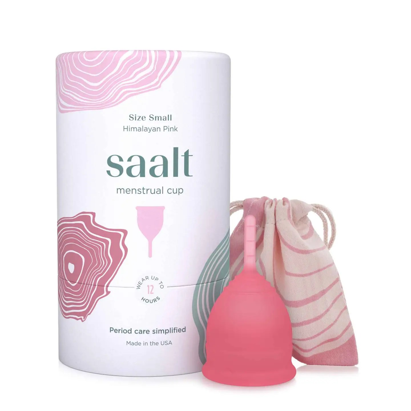 Product shot of the Saalt small size menstrual cup in Himalayan Pink, displayed alongside its packaging.