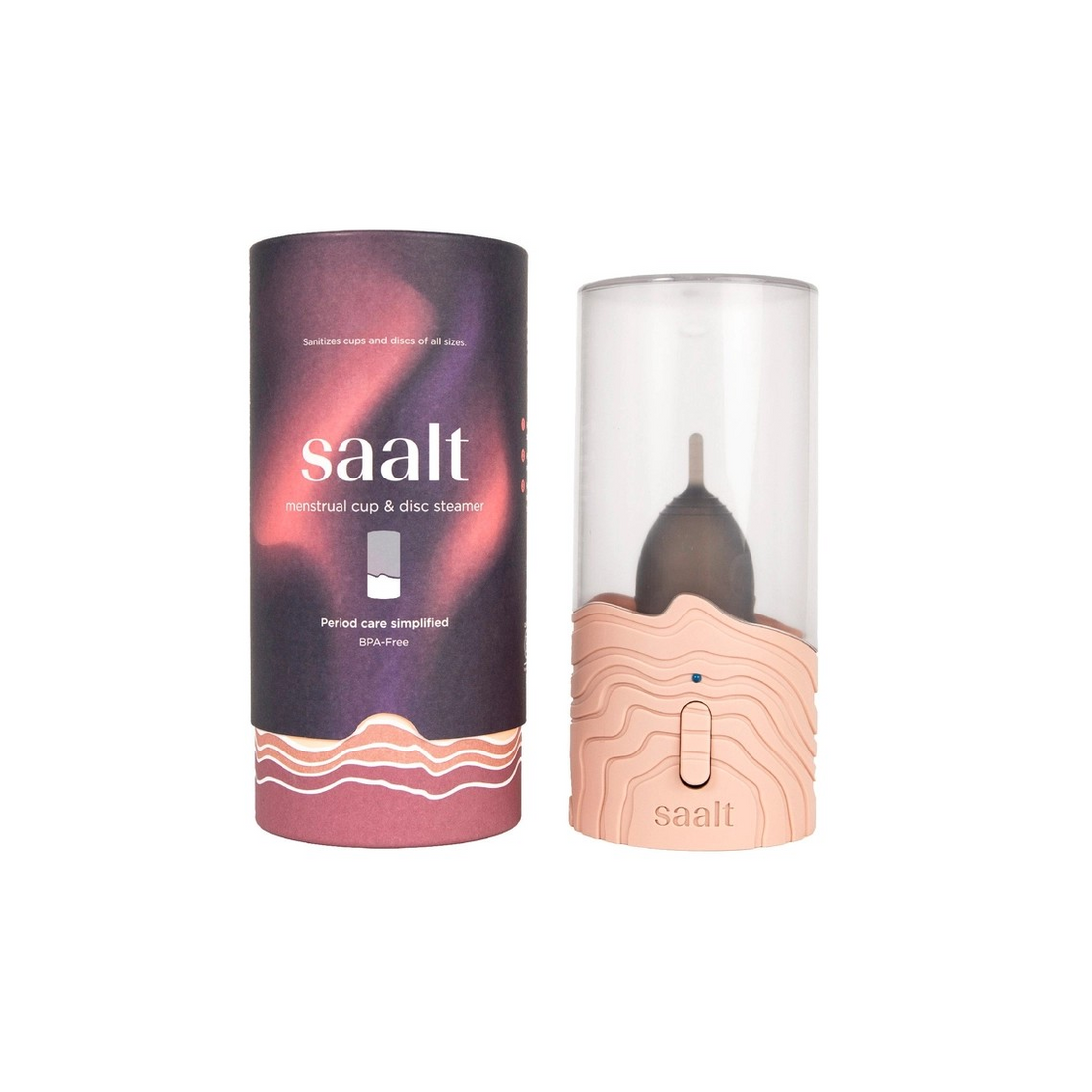 Product shot of the Saalt menstrual cup and disc steamer, displayed along its packaging.